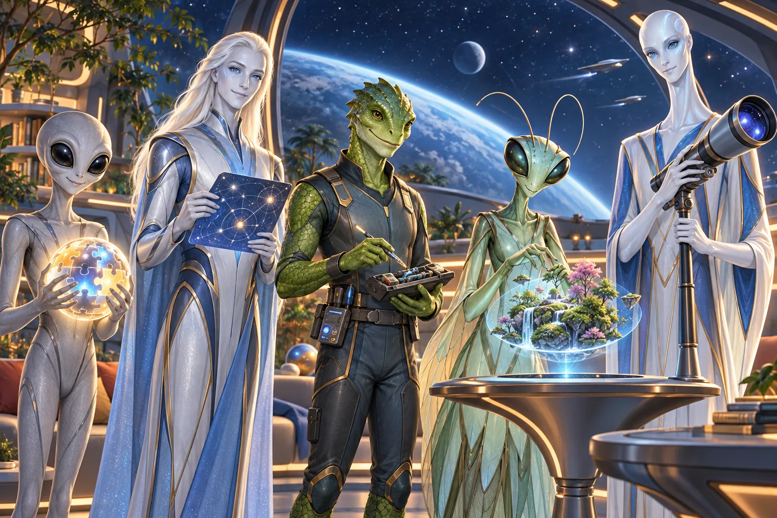 A friendly, original illustration of five fictional science-fiction alien archetypes